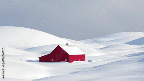 Red Barn in Snowy Farmland Winter Landscape
