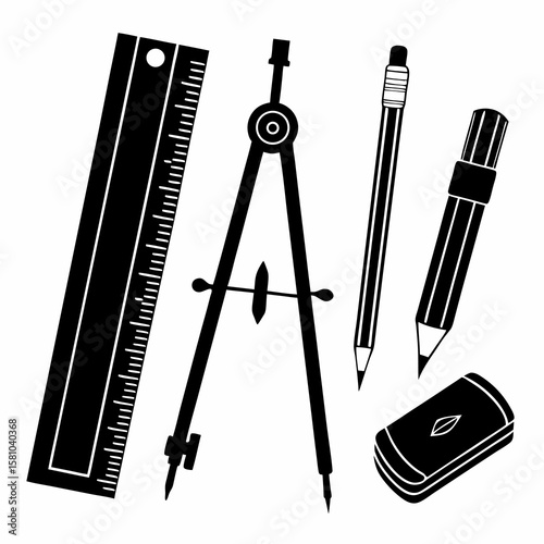 Black stationery drafting tools and writing implements