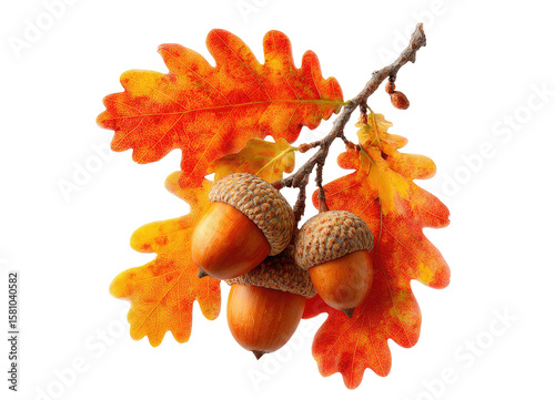 Bunch of acorn with autumn orange oak leaves isolated on transparent or white background PNG, Thanksgiving and seasonal holidays decoration design