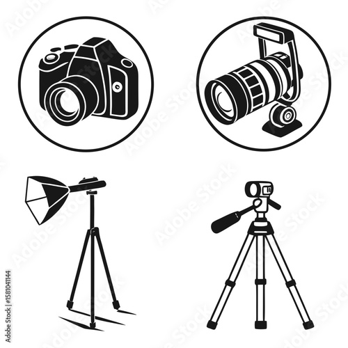 Camera equipment icons black silhouettes lens flash