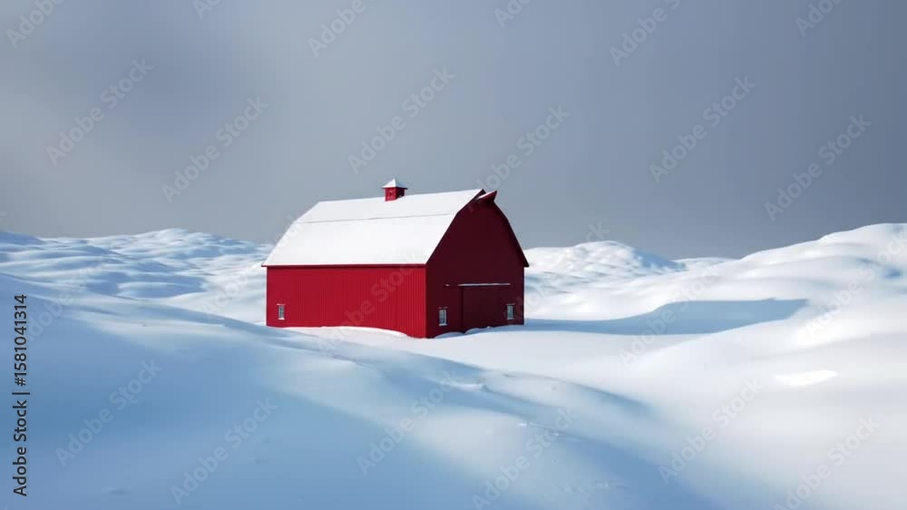 Red Barn in Snowy Farmland Winter Landscape
