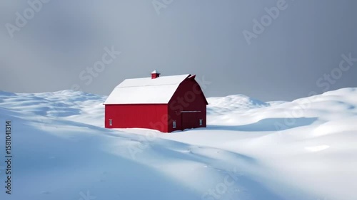 Red Barn in Snowy Farmland Winter Landscape
