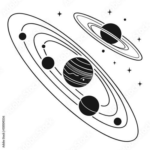 Celestial bodies orbiting a striped planet and ringed gas giant