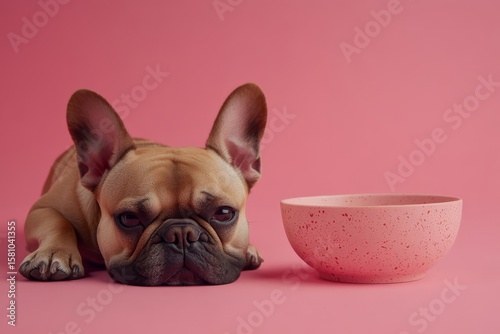 an French bulldog lying near a bowl, highly detailed photography, clear color, advertising photography, studio light, pink flat background 