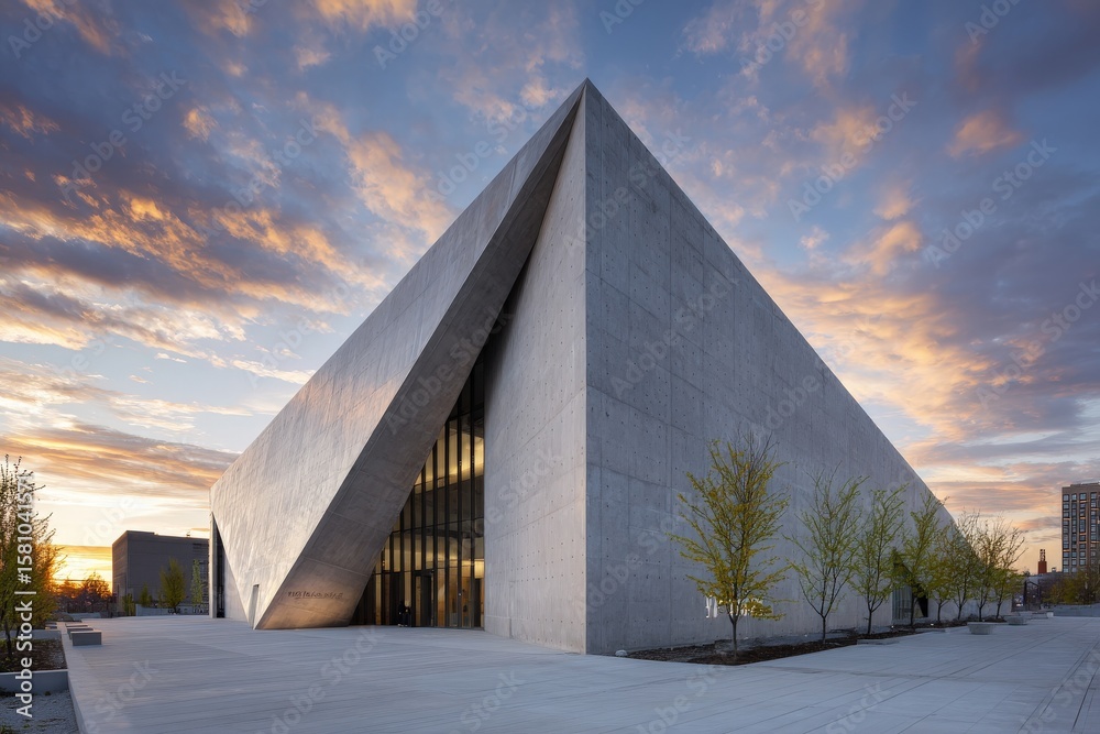 Fototapeta premium Modern concrete building at sunset. Geometric architecture.