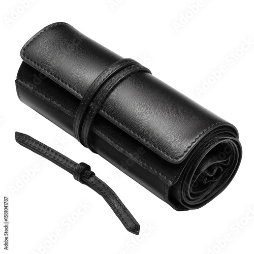 Black leather pen roll case isolated on white background