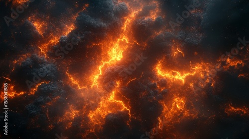 a stormy, spooky, grim sky, with clouds, lightnings, and fire