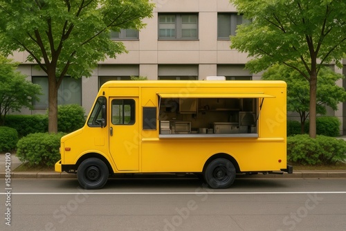 A vibrant yellow food truck parked on a tree-lined street, ready to serve up delicious treats