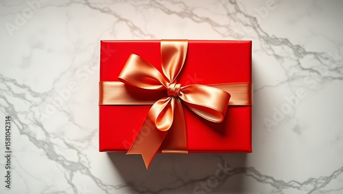 A sleek red gift box adorned with a satin ribbon bow, elegantly placed on a marble surface.