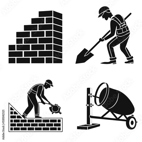 Construction worker bricklayer cement mixer shovel