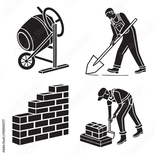 Construction workers and materials cement mixer bricks