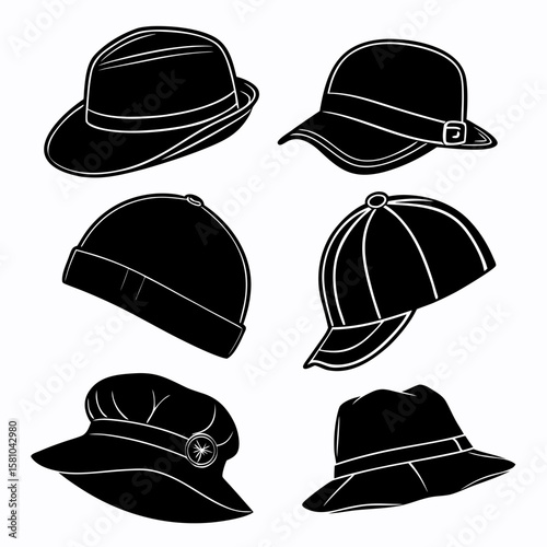 Diverse black hat silhouettes on white background hats