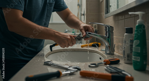 Unrecognizable plumber repairing a bathroom sink faucet with a wrench and various tools.