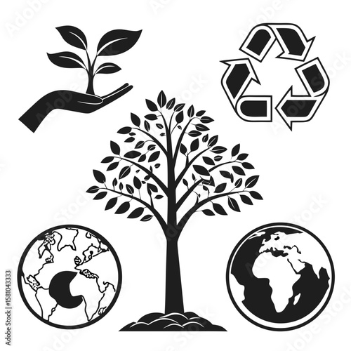 Eco conservation symbols tree recycle planet hand ecology