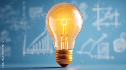 A glowing light bulb stands out in front of a blue background with white, hand-drawn business graphs and charts