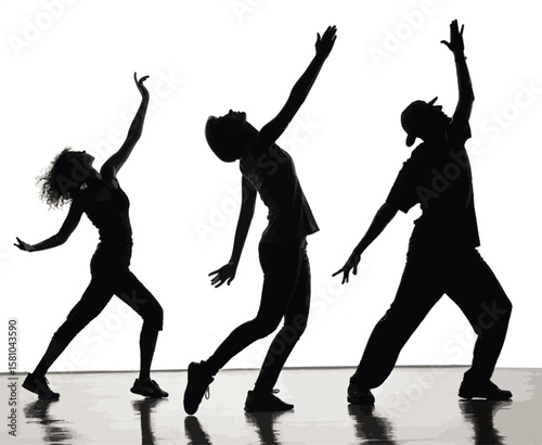 silhouettes of dancing people with white background.




