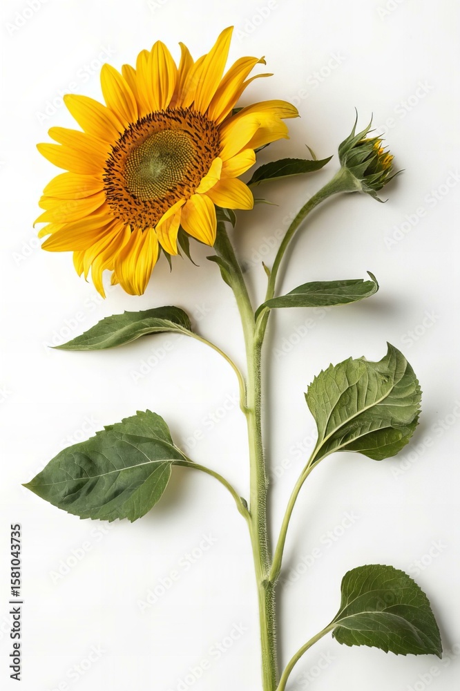 Fototapeta premium Bright Sunflower Head with Stem Isolated