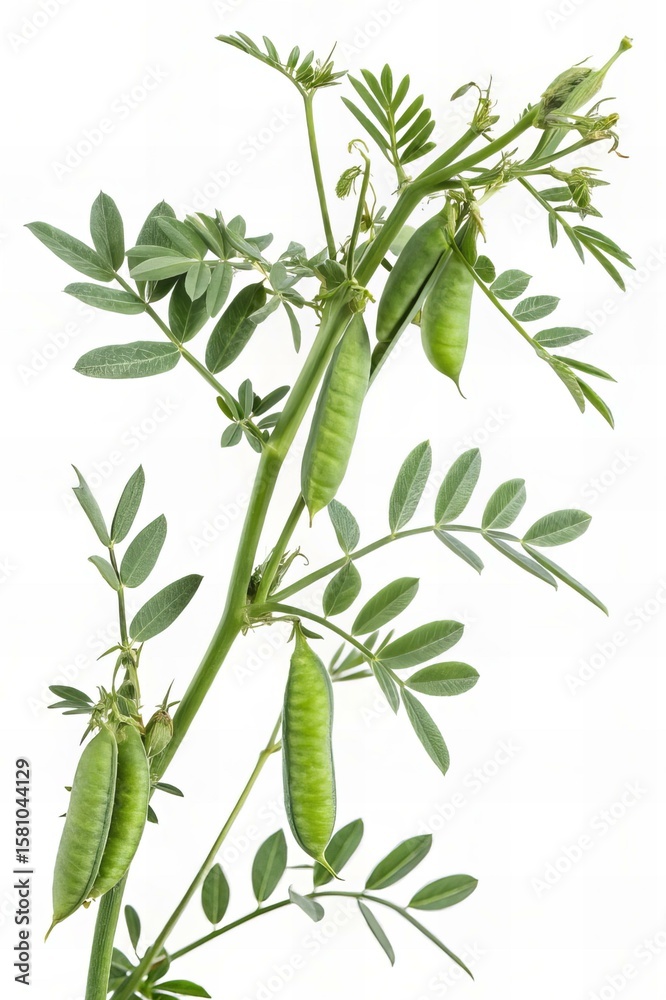 Obraz premium Lentil Plant with Pods and Flowers on White