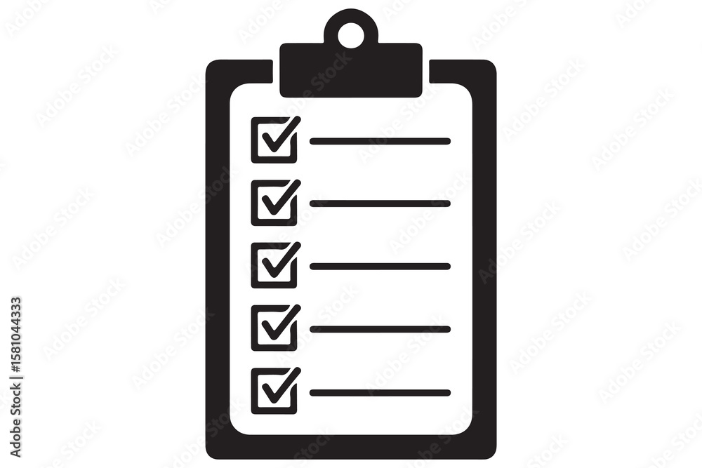 Obraz premium Checklist, Clipboard, Icon, Silhouette, Vector, Illustration, Task list, To do list, Tick mark, Document icon, Minimal design, Black clipboard, Flat icon, Simple checklist, Checkmark, Office symbol, P