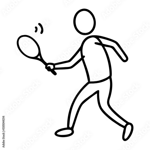Stick figure tennis player swinging racket in dynamic pose  