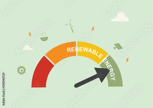 Colorful renewable energy meter surrounded by sustainable power icons including wind turbine, solar panels, and lightning bolts. Renewable energy concept. Flat style. Vector illustration