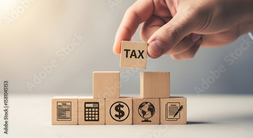 Hand placing wooden cube with "TAX" on top of other cubes with financial icons, symbolizing tax planning or global taxation concept