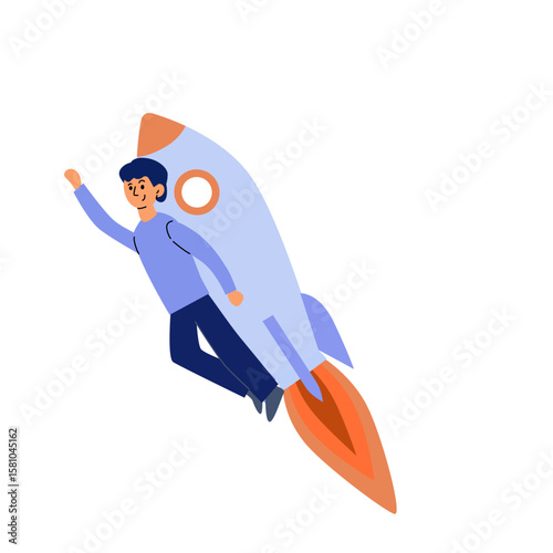 a man holds a rocket and flies up, carries it on himself. The concept of starting a business, acceleration - accelerating the launch of a startup.