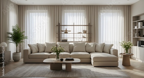 Serene Living Room Interior: The epitome of modern comfort and elegance is captured in this artful interior shot. The image radiates tranquility.