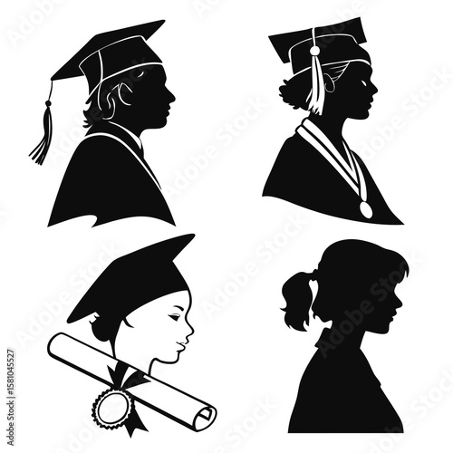Graduation achievement silhouettes of people caps