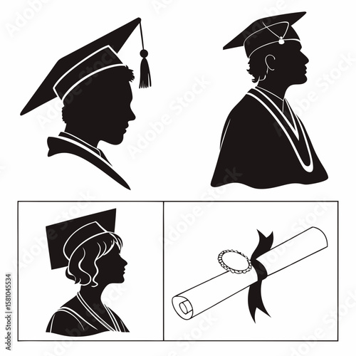 Graduation caps and diploma silhouettes achievement