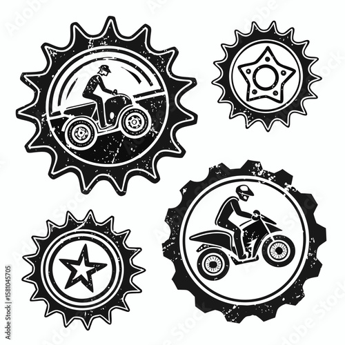 Grunge style badges with A T V and motorcycle riders