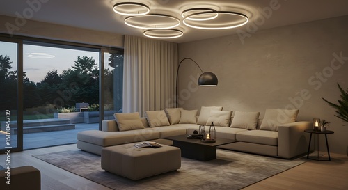 Elegant Living: A luxurious interior scene featuring a modern, minimalist design, with soft lighting and a focus on comfort and spaciousness. The image is warm and inviting.