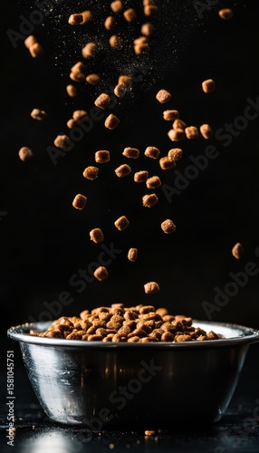 few kibble for dogs dropping a bowl with black background 