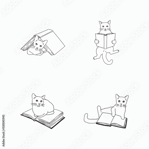 Funny cats with books line art collection.