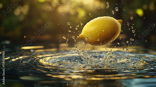 Floating lemon in the air, transparent water droplets falling from the lemon, a clear, clean puddle of water forming a perfect circle beneath it