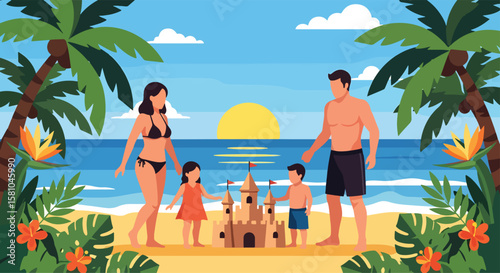 Adobe illustrator vector flat style illustration of a happy family building a sandcastle on a sunny tropical beach, surrounded by palm trees, ocean waves, and vibrant flowers, embodying summer holiday