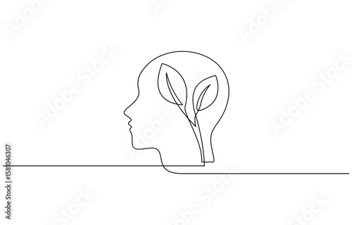 One continuous line drawing of human head with plant inside. Mental health and psychology vector concept. Mental health concept. Self care symbol. Vector illustration.