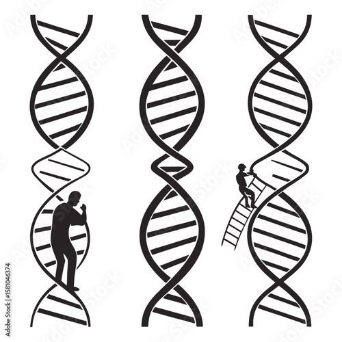 Human figures climbing D N A strands double helix science
