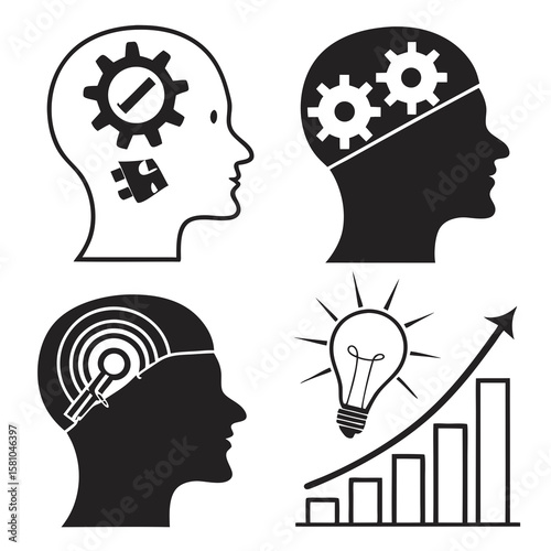 Human head icons with gears puzzle lightbulb and graph