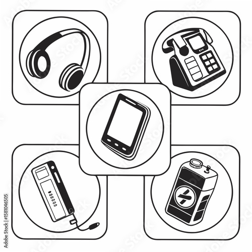 Icons of headphones phone battery and music player