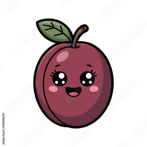 A delightful kawaii clipart illustration of a plump plum with a charming, expressive face. 