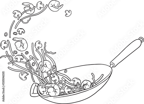 A dynamic line art illustration of a wok tossing various ingredients including shrimps, vegetables, and seasonings into the air, depicting the action of stir-frying. Ideal for cooking, food.