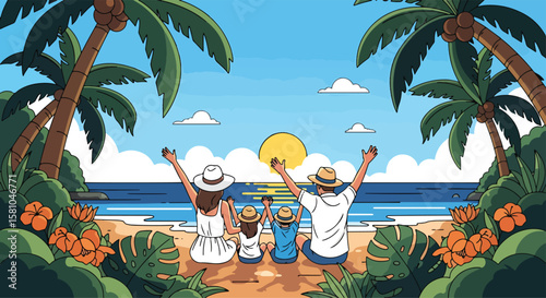 Adobe illustrator vector flat style illustration of a happy family on a summer beach, enjoying the tropical scene with palm trees, blue ocean, and a bright sky, ideal for holiday themes