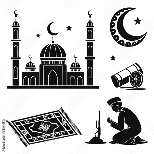 Islamic mosque crescent moon prayer rug cannon star