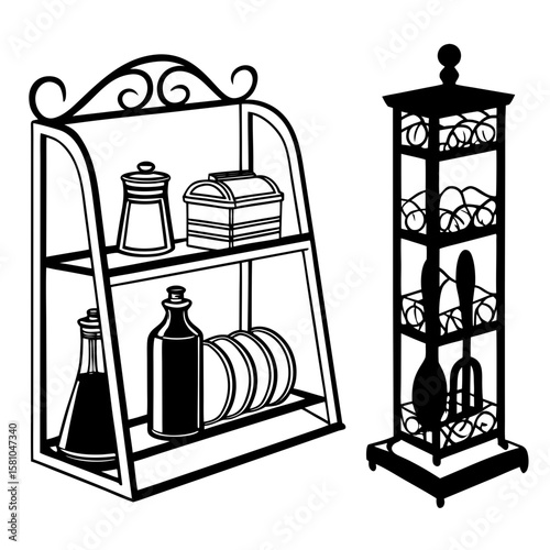 Kitchen shelves with bottles jars plates and utensils