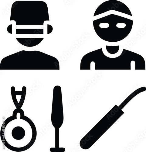 Surgery icons scalpel, surgical light, surgical gown, anesthesia mask.