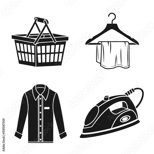 Laundry basket shirt hanger and iron icons vector