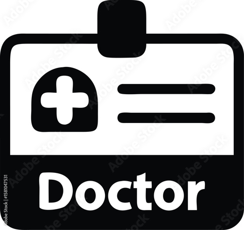 Doctor ID icons name badge, credentials, hospital logo, department sign.
