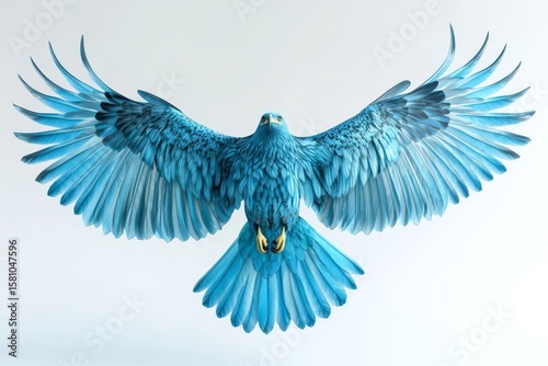 a cyan eagle soaring with wing span fully out on a white studio backgroun 