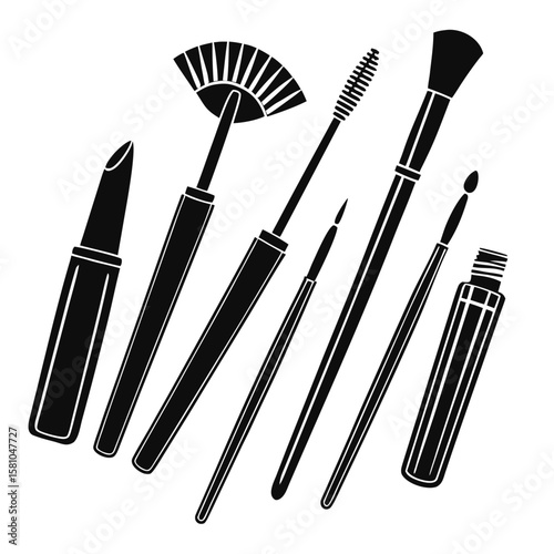 Makeup brushes and lipstick on white background cosmetic tools